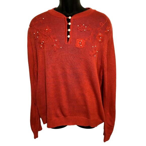 Adrian Delafield Women’s Orange Sweater Size PXL Embroidered Pearl Accents - Picture 1 of 7